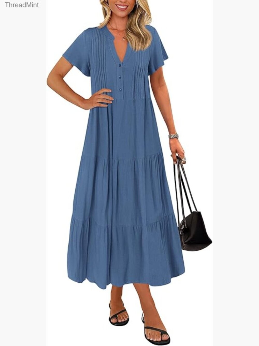 Loose Fit Maxi Dress with V-Neck and Short Sleeves for Casual Wear